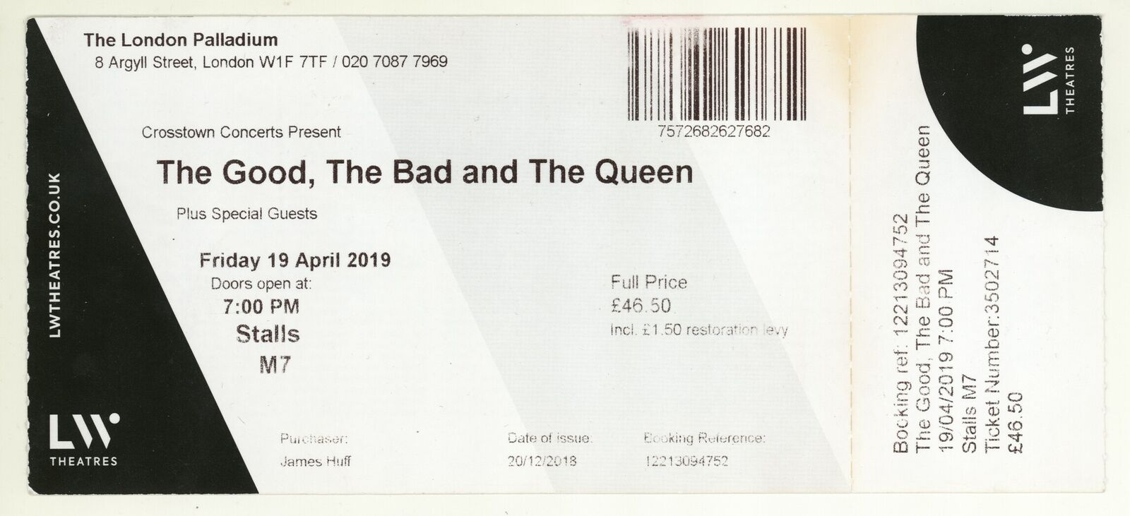 Rare The Good The Bad And The Queen 4/19/19 London Uk Palladium Ticket Stub!