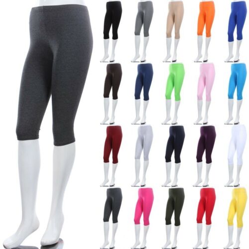 Women's Solid Plain Cotton Basic Capri Leggings Below Knee Stretchable S M L 1xl