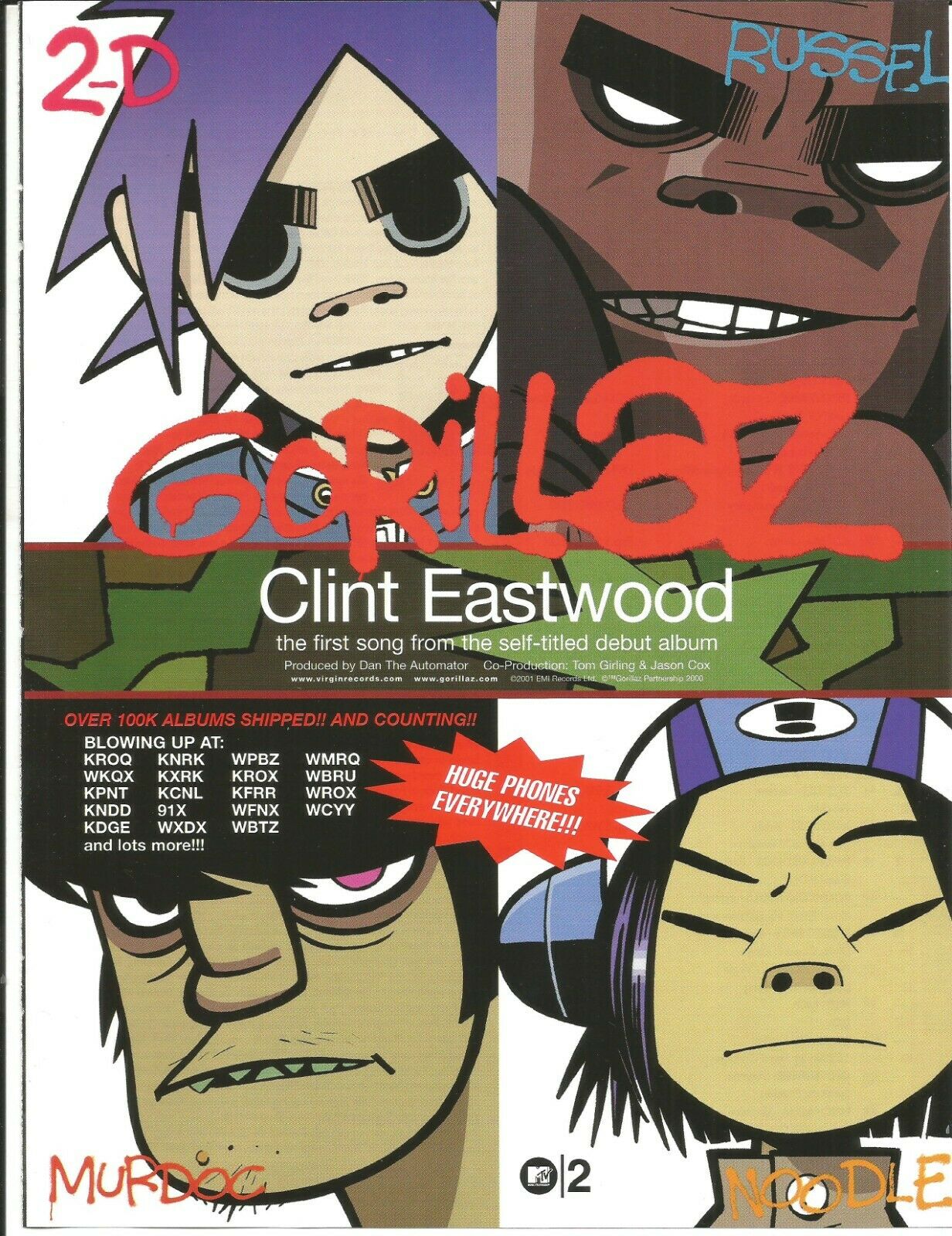 Blur Gorillaz Rare Vintage Clint Eastwood Promo Trade Ad Poster For 2001 Cd Mint