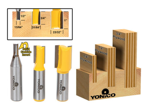 3 Bit Undersize Plywood Dado Router Bit Set - 1/2" Shank - Yonico 14323